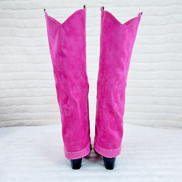 Branded Fuchsia Pink Skirted Fold Over Western Shark Knee High Cowgirl Boots - Picture 4 of 11